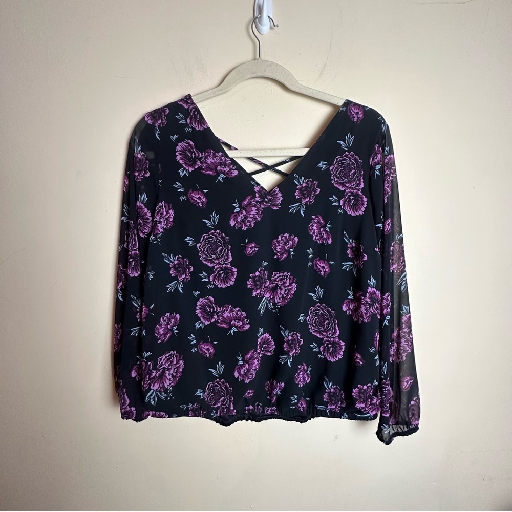 Torrid Black Pink Floral Chiffon Cage Crisscross Back Blouse Women’s Size 1X - Picture 3 of 13
